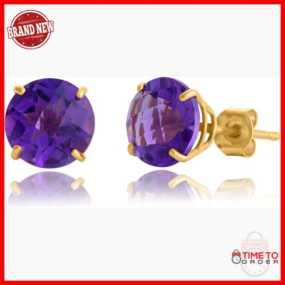 10k Gold 8mm Round Amethyst Stud Earrings For Women